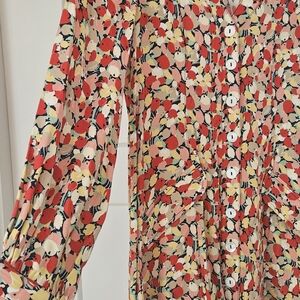 Rixo Anthropologie Button-Front Floral Print Dress in Red, Pink & Cream